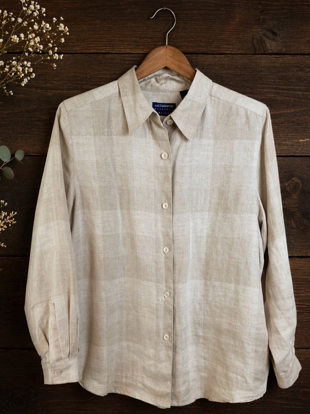 Vintage Liz Sport 100% Linen Plaid Button Shirt Lagenlook Long Sleeve Small Boxy